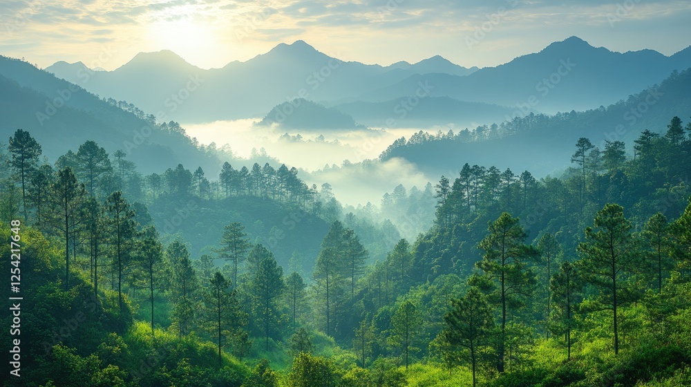 Serene mountain landscape with mist and pine trees at sunrise. Serene mountain landscape with mist and pine trees at sunrise.