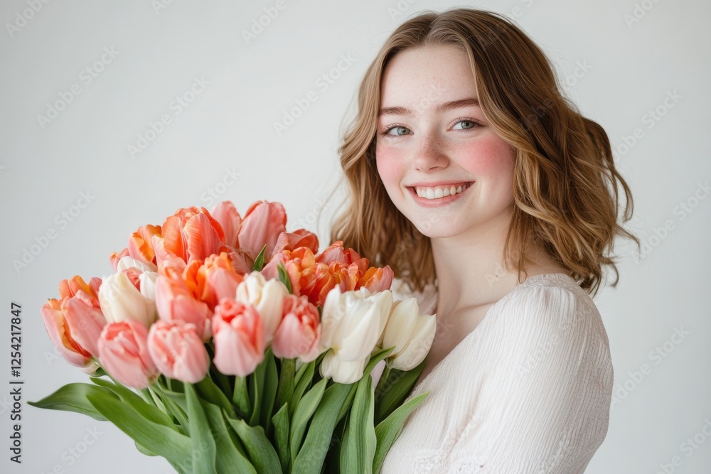 A young woman holding a bouquet of tulips against a white studio backdrop A young woman holding a bouquet of tulips against a white studio backdrop
