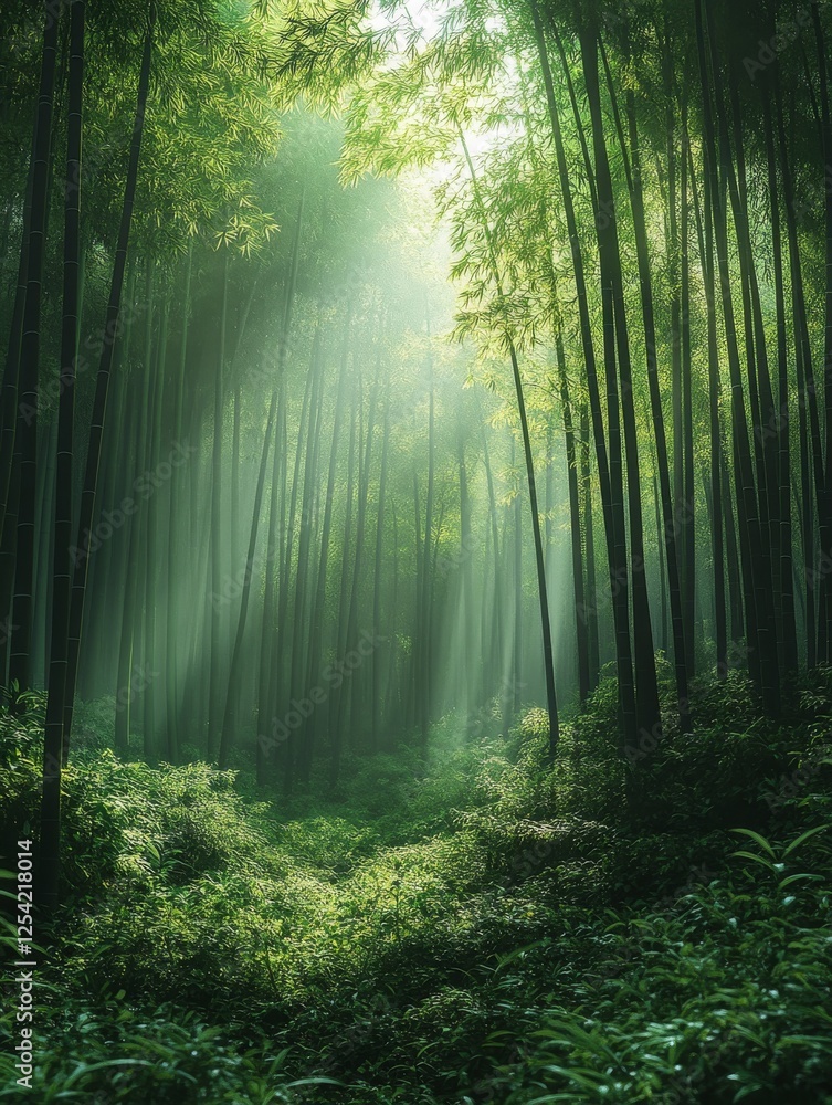 Fototapeta premium A Serene Bamboo Forest Bathed in Sunlight: A Verdant Sanctuary of Tall Trees and Lush Undergrowth, Where Peace and Tranquility Flourish in Nature's Embrace.