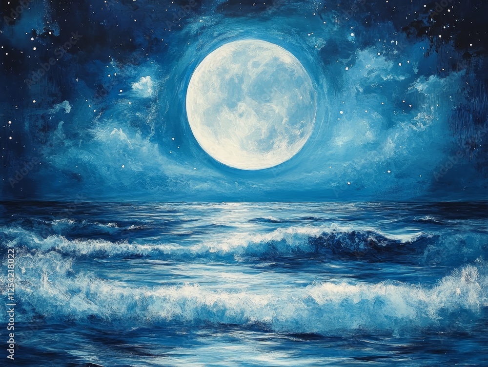 Fototapeta premium Glistening moonlight reflecting on deep blue ocean waves during a serene night sky