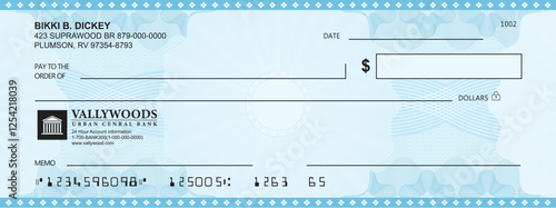 Blank bank check, checkbook cheque template with blue guilloche, vector mockup. Money payment bank check voucher or pay cash cheque certificate, account bill paycheck with guilloche pattern