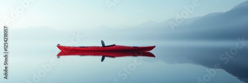 Lone red kayak gliding silently on a tranquil mountain lake during early morning light. Generative AI photo