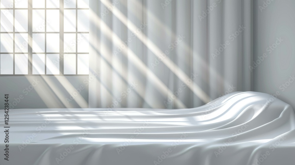 Fototapeta premium Soft white curtains gently filter sunlight, creating a warm glow and illuminating the room with golden rays.