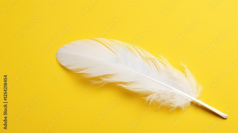 Obraz premium A delicate white feather gracefully rests on a vibrant yellow background, perfect for adding a touch of elegance.