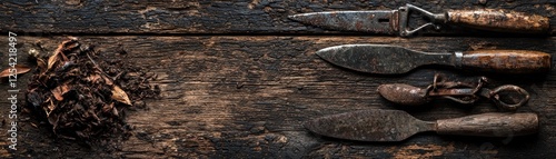 Aged tools on rustic wood, organic material photo