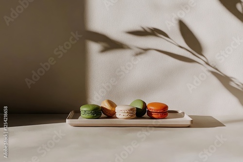 Set of french macarons. The multi colored macarons are arranged elegantly on a plate on a light pastel background. photo