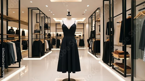 Women’s clothing and accessories in a luxury fashion store interior