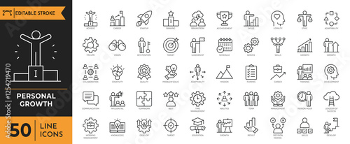 Personal Growth icon set. Containing Growth profit, career progress, business people, strategy, coaching, and more. Editable Stroke. Vector illustration