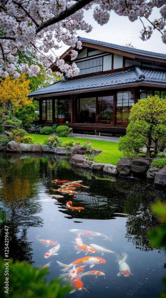 A traditional Japanese garden during Hanami season A traditional Japanese garden during Hanami season