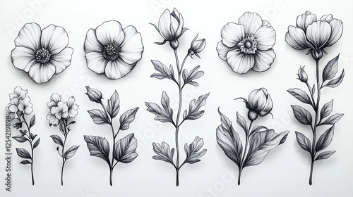 Hand-drawn floral elements, simple doodle style, black ink on white background, perfect for planner stickers