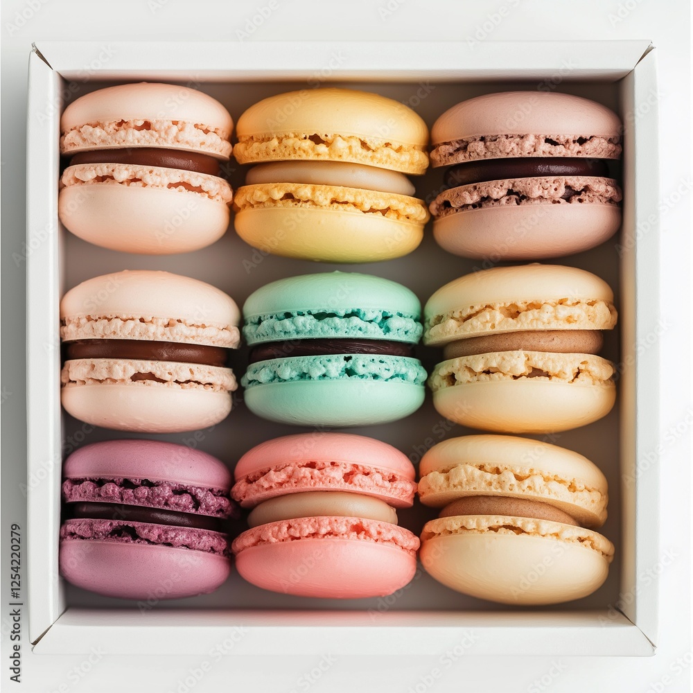 Fototapeta premium A white box filled with colorful French macarons neatly arranged in rows, the macarons have a smooth and delicate texture with a variety of flavors, making them a perfect dessert treat.