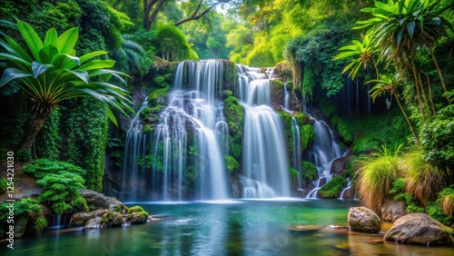 Waterfall cascade amidst dense foliage, waterfall scene, waterfall,  waterfall scene,waterfall, natural wonder