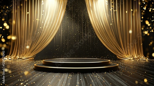 Elegant Stage with a Sleek Black Podium and Dramatic Golden Curtains. Copy space. Generative AI