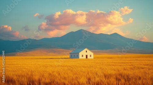 Rural farmhouse at golden sunset, mountains photo