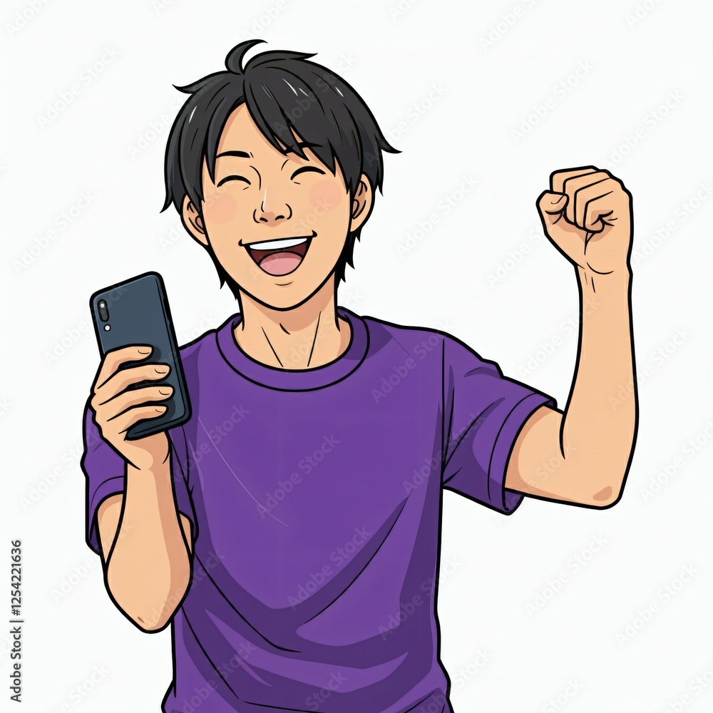 Overjoyed Young Man in Purple T-Shirt Celebrating Victory with Smartphone in Hand Overjoyed Young Man in Purple T-Shirt Celebrating Victory with Smartphone in Hand