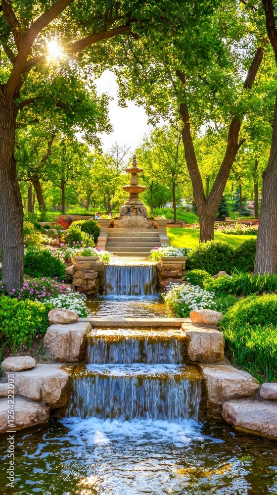 Park fountain cascading water sunlight trees Park fountain cascading water sunlight trees