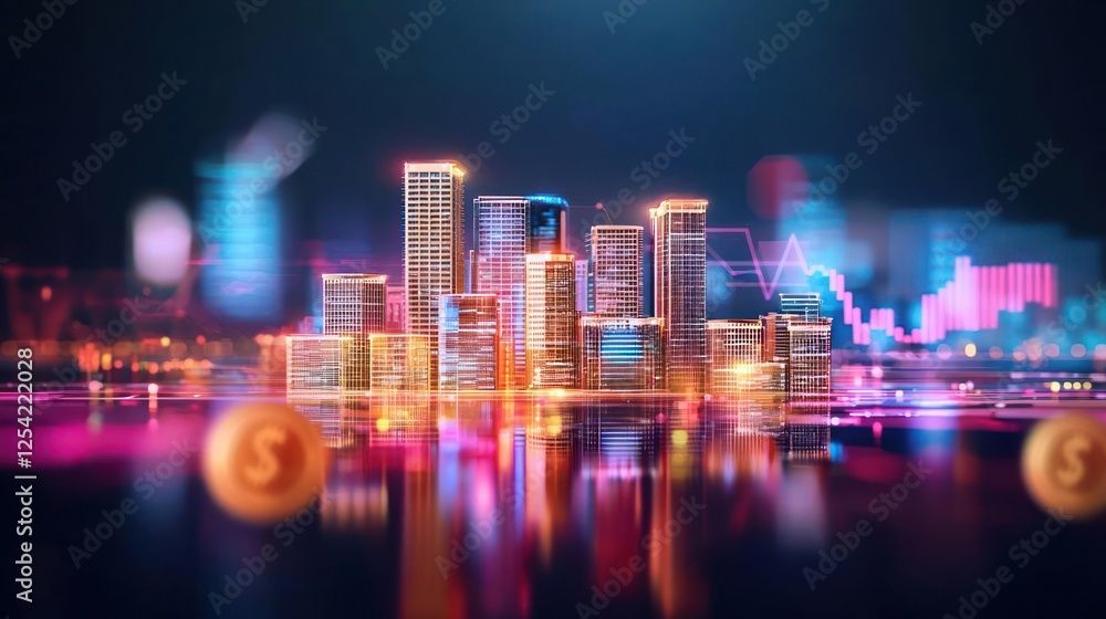 Obraz premium Vibrant Neon Cityscape With Financial Data