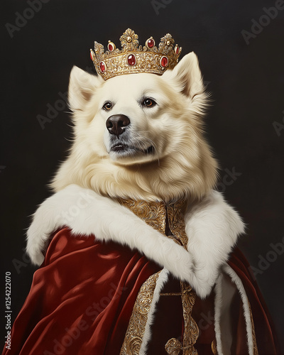 Wallpaper Mural Majestic Samoyed dog portrait featuring a crown and regal attire in a classic painting style Torontodigital.ca