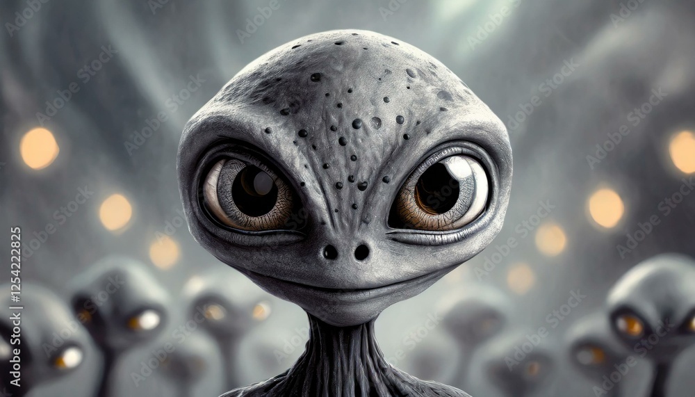 a gray alien with friends