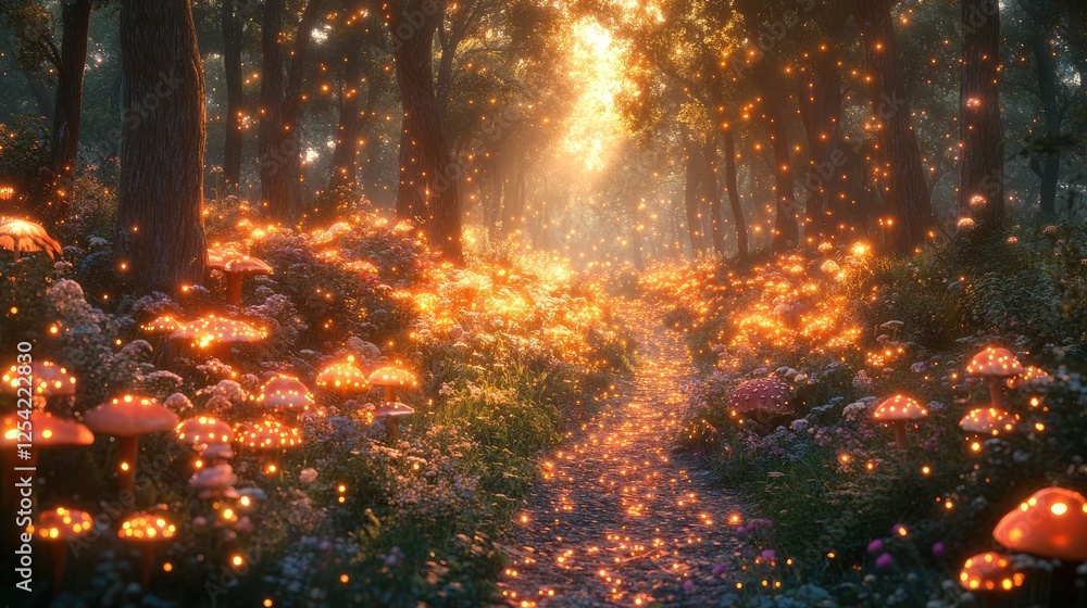 A mystical forest path illuminated by glowing mushrooms and ethereal light particles. A mystical forest path illuminated by glowing mushrooms and ethereal light particles.