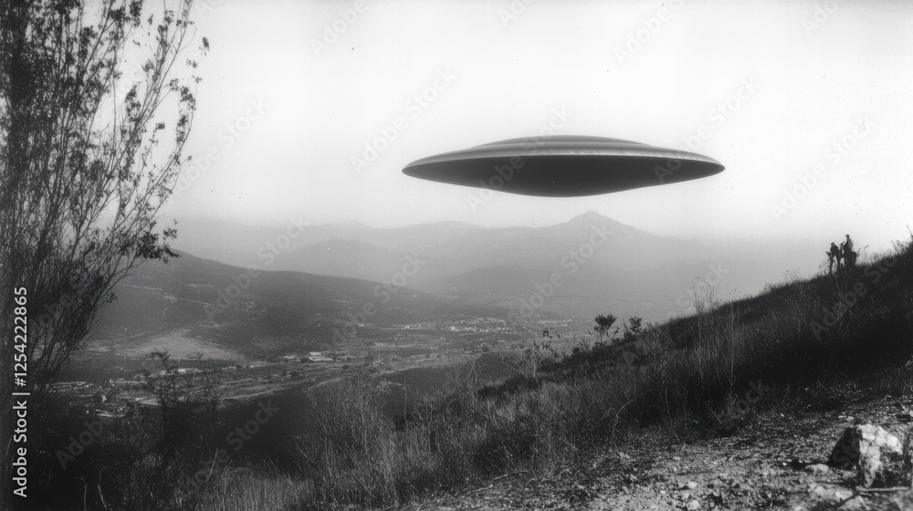 Mysterious UFO hovers over a dense forest in the early morning Mysterious UFO hovers over a dense forest in the early morning