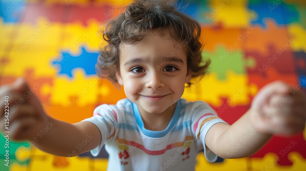 Autistic child playing with colorful puzzle pieces Autistic child playing with colorful puzzle pieces