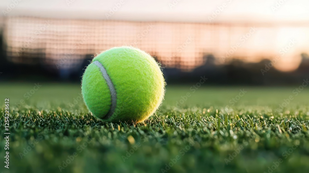 Tennis Ball On Green Grass Court At Sunset Tennis Ball On Green Grass Court At Sunset