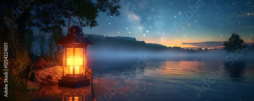 A glowing lantern lights up a peaceful lakeside, with the light reflecting on the water and a starry night sky above.