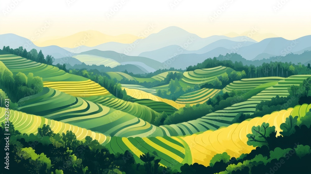 Naklejka premium Pixel Art Terraced Rice Paddies Landscape View