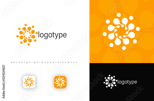 Abstract circular logo with organic dots, resembling molecular structures or solar energy bursts. Round geometric symbol for biotech, renewable energy, scientific research, data. Vector logo