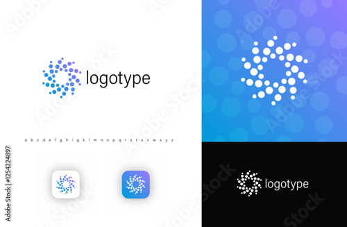 Abstract circular vector logo with swirling dots, vortex logotype symbolizing digital connectivity, data flow. Ideal for IT, AI, blockchain, cybersecurity, fintech, cloud service, air conditions tech