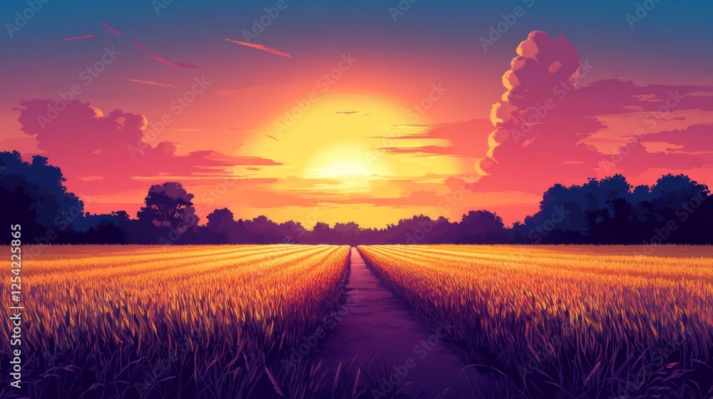 Fototapeta premium Pixel Art Sunset Over Wheat Field