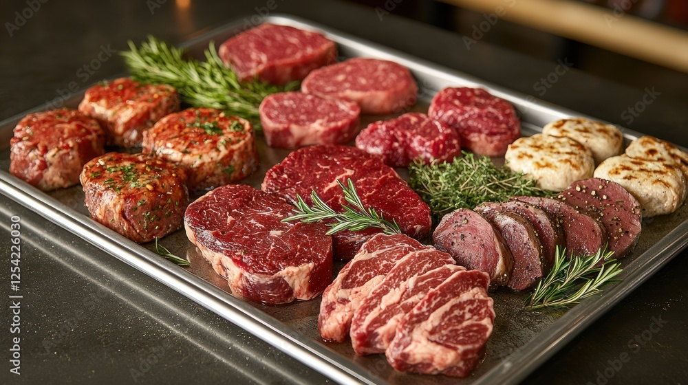 Variety of raw beef cuts on a tray Variety of raw beef cuts on a tray