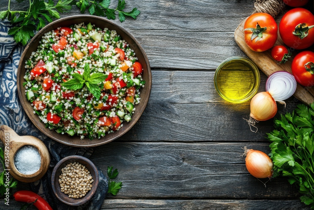 A bowl of fresh tabbouleh salad with finely chopped parsley, tomatoes, onions, bulgur, and mint, drizzled with olive oil and lemon juice A bowl of fresh tabbouleh salad with finely chopped parsley, tomatoes, onions, bulgur, and mint, drizzled with olive oil and lemon juice