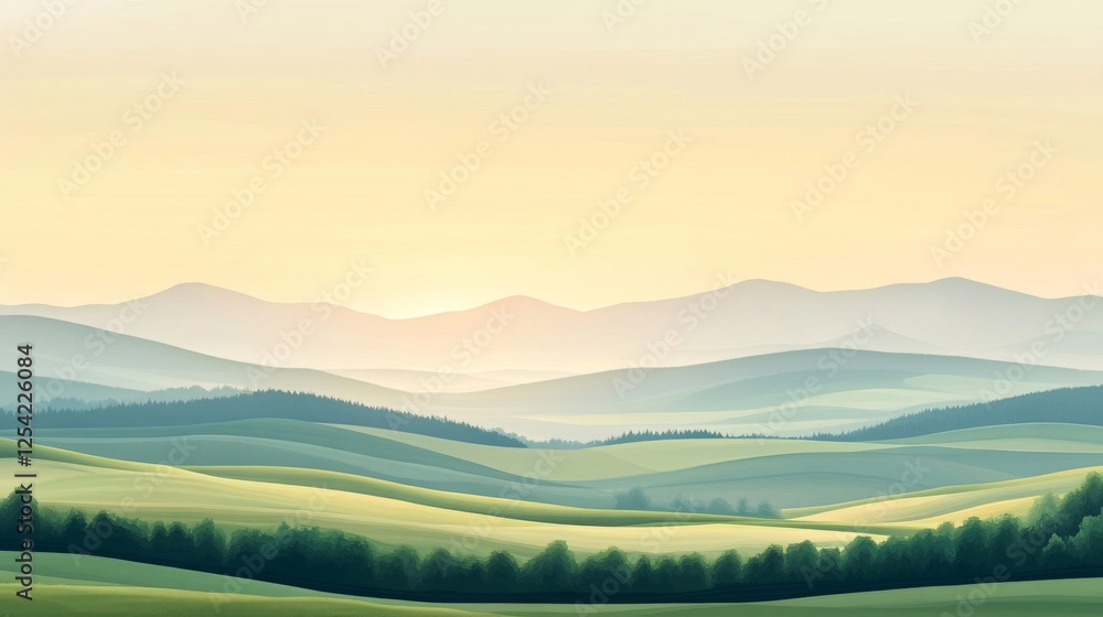 Obraz premium Pastel Sunrise Over Rolling Hills And Mountains