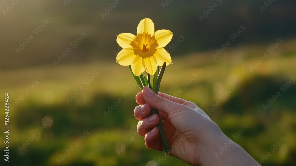 hand holding a fresh daffodil on St. David's Day, with a blurred Welsh countryside in the background hand holding a fresh daffodil on St. David's Day, with a blurred Welsh countryside in the background