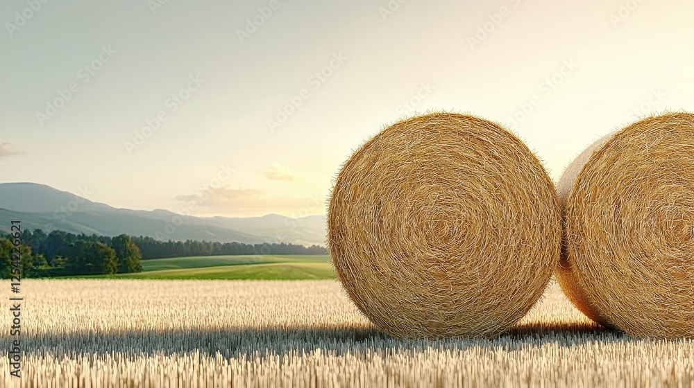 peaceful hay bales landscape, rolling fields, soft sunlight, rustic digital art style, isolated on white background peaceful hay bales landscape, rolling fields, soft sunlight, rustic digital art style, isolated on white background