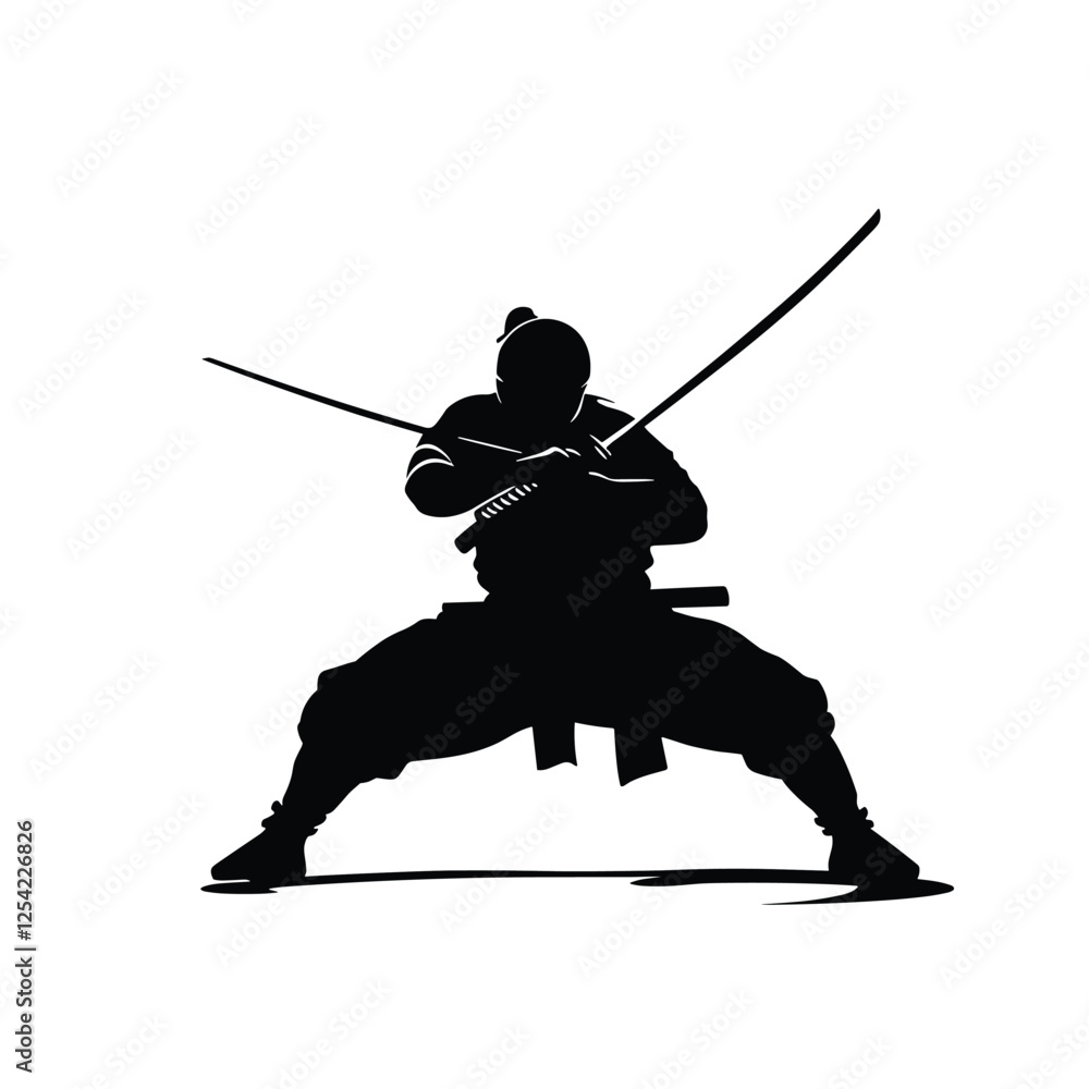 Black Silhouette of a Ninja Fighter - Vector Illustration with Katana Swords Black Silhouette of a Ninja Fighter - Vector Illustration with Katana Swords