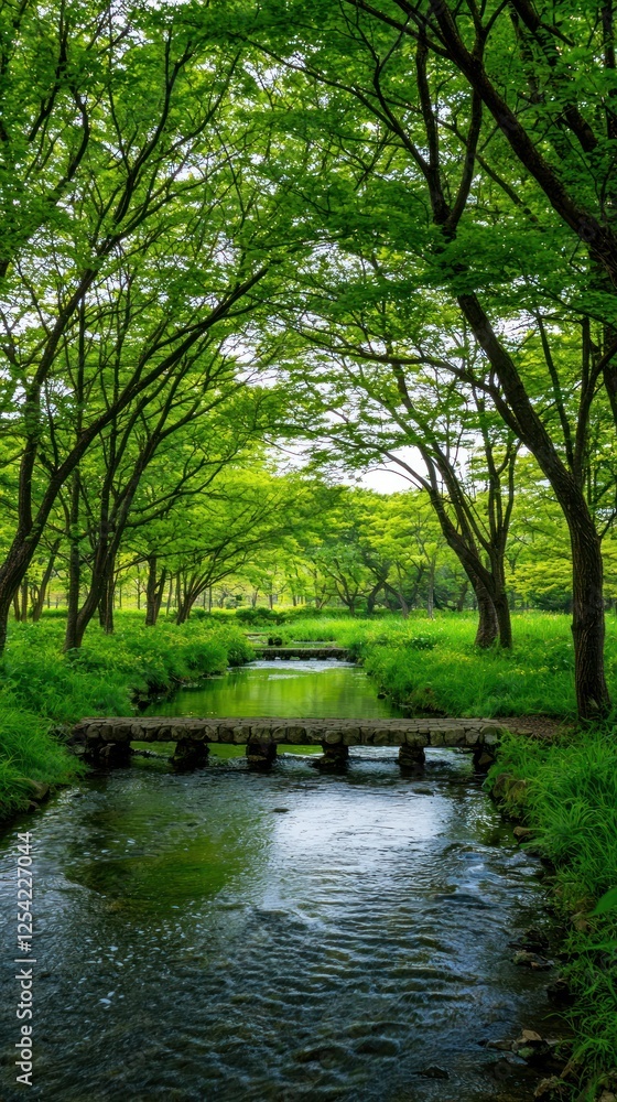 Lush green park path through trees and a small stream Lush green park path through trees and a small stream