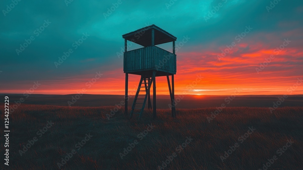 Wooden Observation Tower at Sunrise Over Field Wooden Observation Tower at Sunrise Over Field