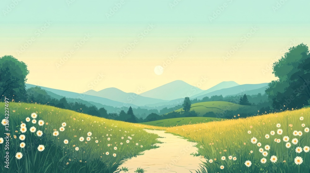 Naklejka premium Pixelated Meadow Landscape at Sunrise