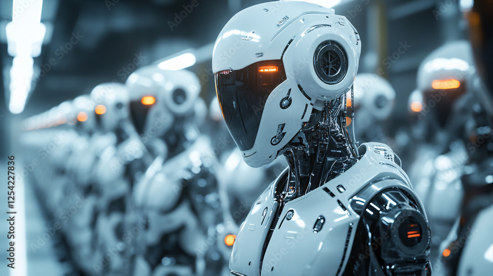 Fototapeta premium a high-tech android with a sleek visor and illuminated features standing in a futuristic assembly line of robotic units 