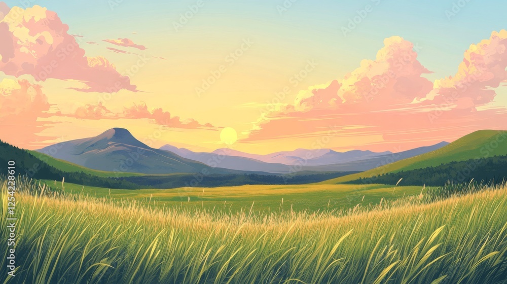 Obraz premium Pixel Art Landscape Sunset Over Valley