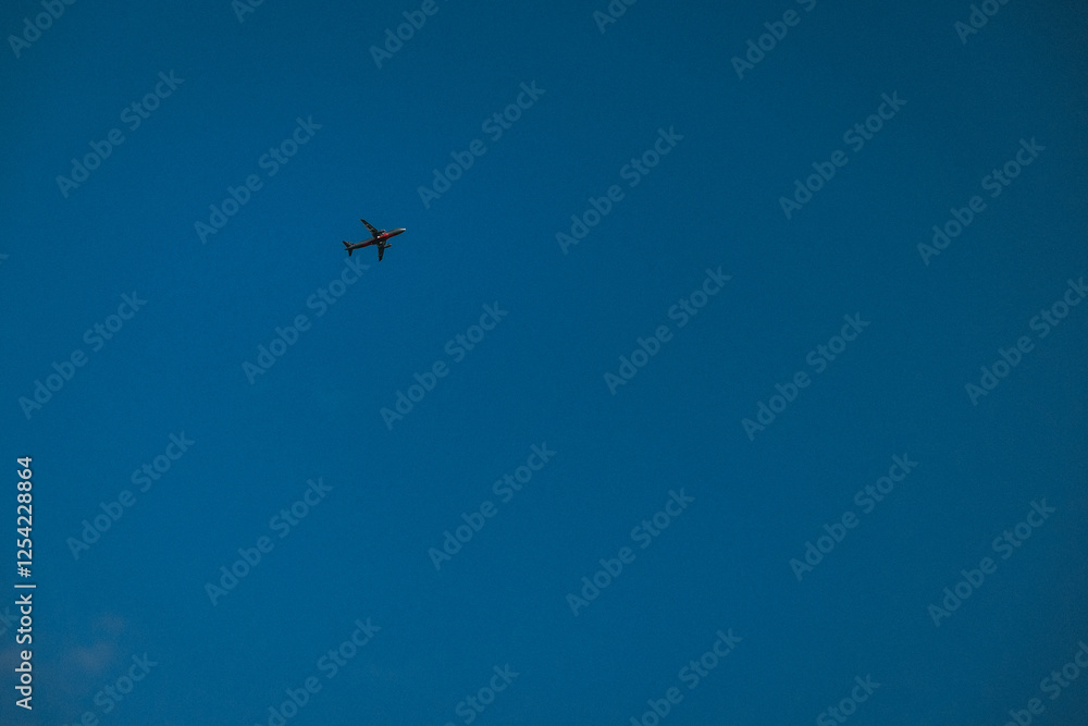 Fototapeta premium Silhouette of a plane flying in the blue sky.