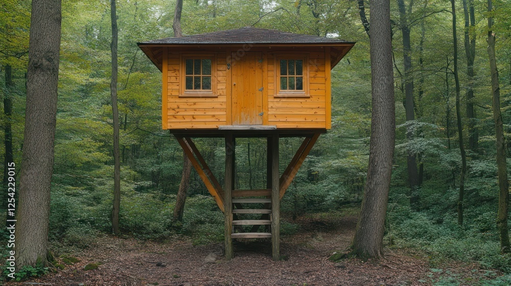 Naklejka premium Wooden treehouse in forest, tranquil scene, nature, outdoors, relaxing, peaceful