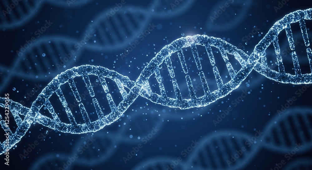 Abstract DNA strands with glowing particles and soft blue tones Abstract DNA strands with glowing particles and soft blue tones