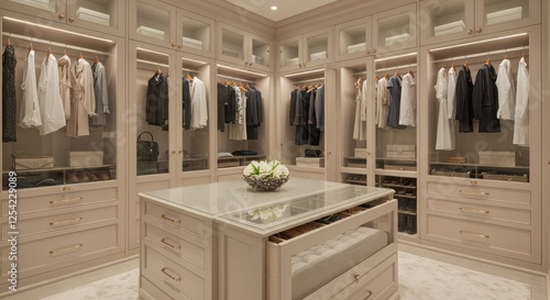 Luxury Walk-In Closet Interior with Custom Cabinetry and Marble Island