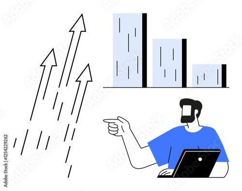 Businessman working on laptop with rising arrows and a bar chart in the background. Ideal for business growth, data analysis, market trends, performance tracking, productivity, financial planning