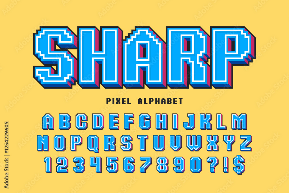 Fototapeta premium Pixel stylized vector alphabet design. High contrast and sharp, retro-futuristic.