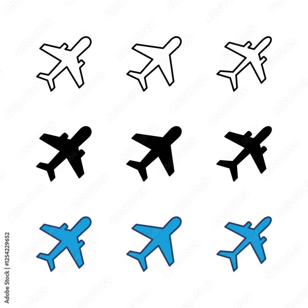 Plane icon set. Airplane icon vector. Flight transport symbol. Travel illustration. Holiday symbol Plane icon set. Airplane icon vector. Flight transport symbol. Travel illustration. Holiday symbol